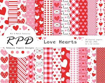 Love Hearts Valentines Wedding Digital Paper Pack, Seamless Patterns, Red, Pink, White, Scrapbook Pages, Digital Background, Commercial Use