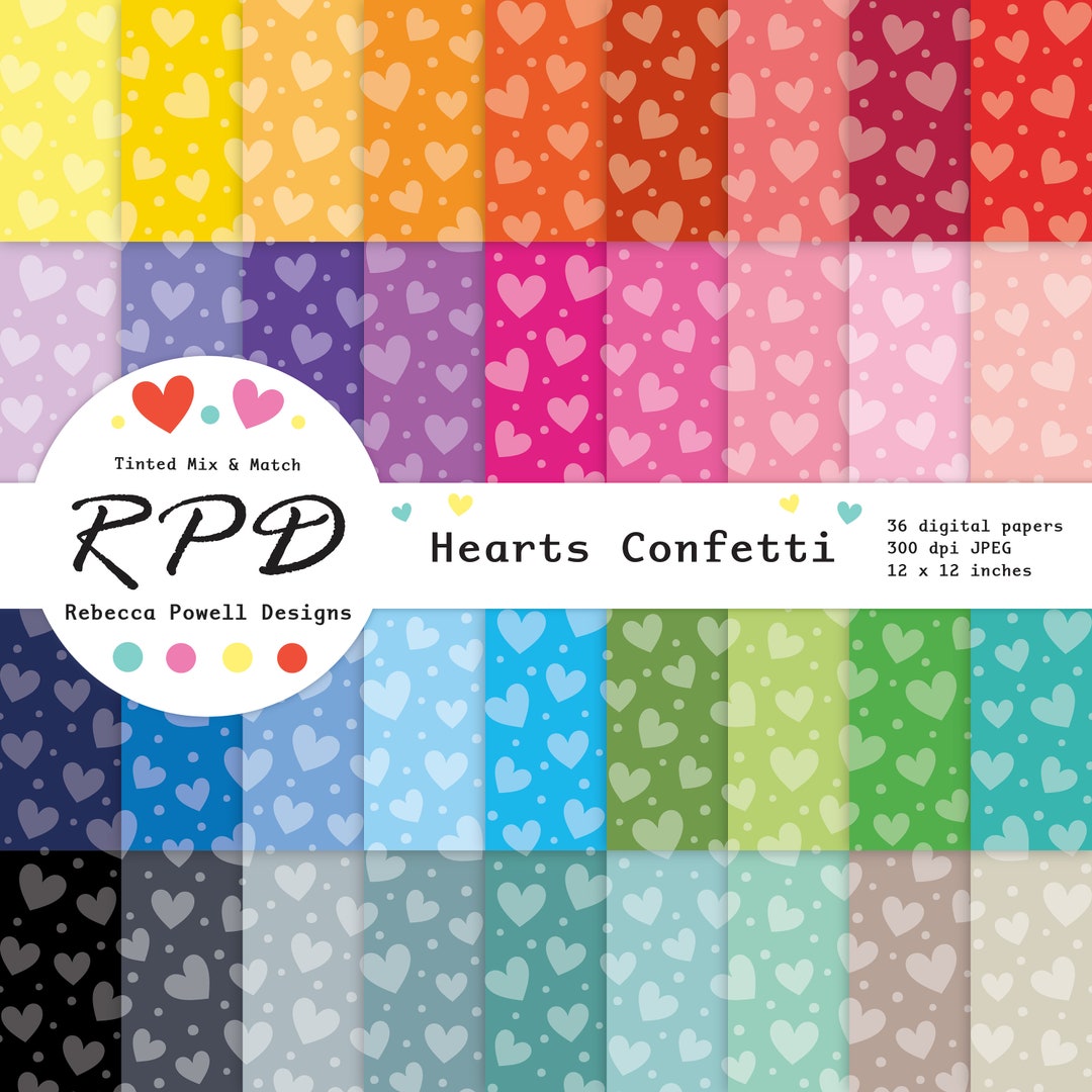 Hearts Confetti Pattern Seamless Digital Paper Pack, Rainbow Colours ...