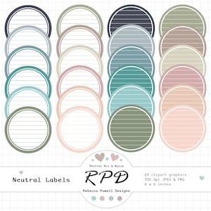 Etichette rotonde per clipart digitali, colori neutri, carta bianca a righe, scrapbooking, agende, uso commerciale