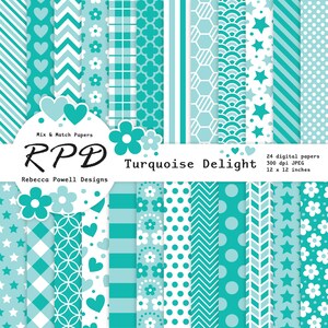 Puede incluir: Un conjunto de 24 papeles digitales en turquesa y blanco con varios patrones, incluyendo corazones, estrellas, flores, lunares, rayas y diseños geométricos. Los papeles son de 30,5 x 30,5 cm y 300 dpi.