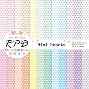 Puede incluir: Un conjunto de 24 papeles digitales con un patrón de pequeños corazones blancos sobre una variedad de fondos pastel. Los papeles miden 30,5 x 30,5 cm y 300 dpi. El texto "Pastel Mix & Match" y "RPÐ Rebecca Powell Designs" está incluido en la imagen.