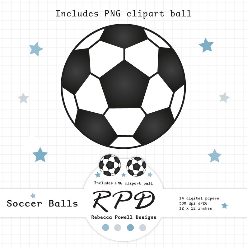 SALE Soccer Football Digital Paper, Seamless, PNG Clip Art Ball, Blue, Black & White, Scrapbook Pages, Digital Background, Commercial Use image 5