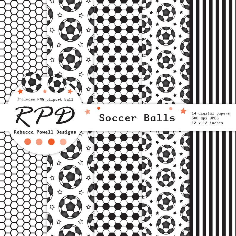 SALE Soccer Football Digital Paper, Seamless Pattern, PNG Clip Art Ball, Orange, Black, Scrapbook Pages, Digital Background, Commercial Use image 3