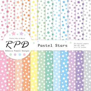 Sterren confetti digitaal papier, naadloos patroon, pastelkleuren, witte achtergrond, plakboekpagina's, commercieel gebruik