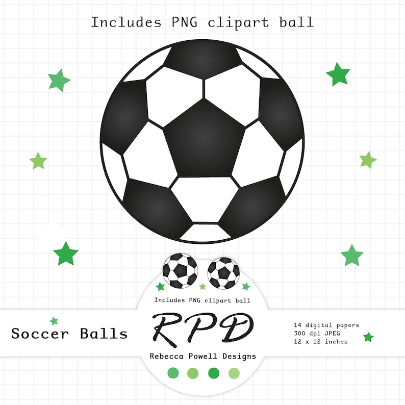 SALE Soccer Football Digital Paper, Seamless, PNG Clip Art Ball, Green, Black, White, Scrapbook Pages, Digital Background, Commercial Use image 5