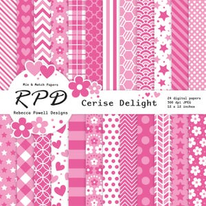 May include: A set of 24 digital papers in pink and white with various patterns, including polka dots, stripes, hearts, stars, flowers, and geometric designs. The papers are 12 x 12 inches and 300 dpi. The text "Mix & Match Papers RPD Rebecca Powell Designs Cerise Delight" is included in the image.