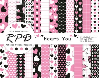 SALE Valentines Cute Love Hearts Digital Papers, Seamless Patterns, Pastel Pink, Black White, Scrapbook Pages, Backgrounds, Commercial Use