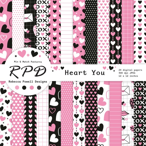 Valentines Cute Love Hearts Digital Paper Pack, Seamless Patterns, Pastel Pink, Black White, Scrapbook Pages, Backgrounds, Commercial Use