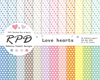 SALE Mini Love Hearts Digital Paper, Seamless Pattern, Pastel Rainbow Colours, White, Scrapbook Pages, Backgrounds, Commercial Use