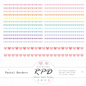 Love Hearts Digital Clip Art Borders, Pastel Colours, Scrapbooking, Planners, Commercial Use
