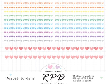 Love Hearts Decorative Ribbon Borders Digital Clip Art Set, Pastel Colours, Png, Jpeg, Scrapbooking, Planner Images, Commercial Use