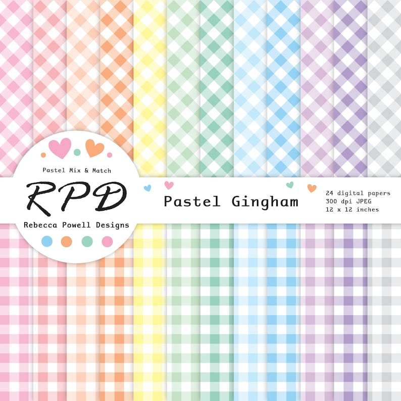 Image of 24 digital paper pack in 12 pastel colours and white. 12 papers have a small gingham check pattern and the other 12 papers have a diagonal check pattern.