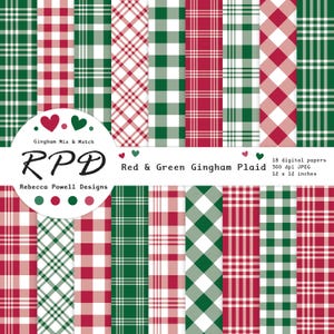 Christmas Gingham Plaid Digital Paper: Red, Green & White (Seamless Patterns, Commercial Use)