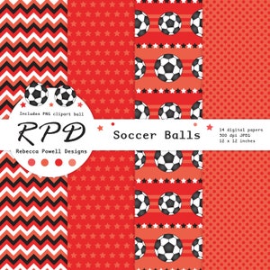 SALE Soccer Football Digital Paper, Seamless, PNG Clip Art Ball, Red, Black & White, Scrapbook Pages, Digital Background, Commercial Use image 4