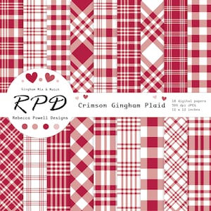 Karmozijnrode rode en witte geruite geruite ruitjes Digitaal papierpakket, naadloze patronen, scrapbooking, achtergronden, commercieel gebruik