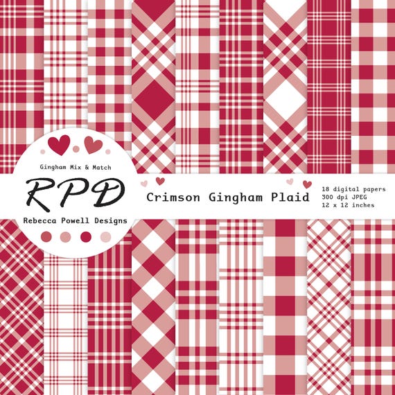 Crimson Red Gingham Plaid Digital Papers: Scrapbooking Backgrounds (Instant Download)