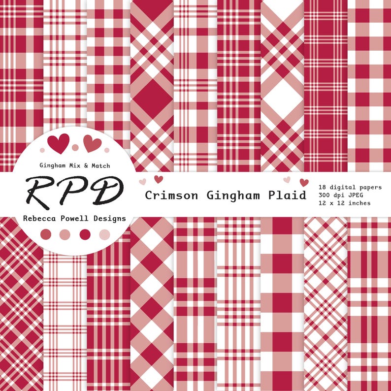 Pack of 18 digital papers with various seamless gingham and plaid check patterns in crimson red and white.