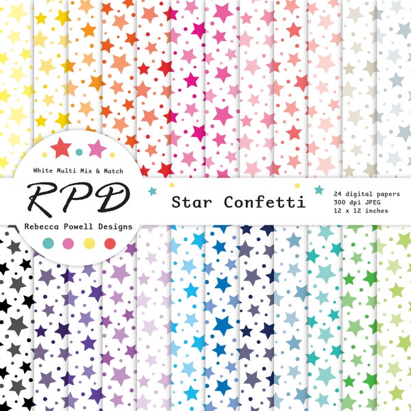 Stars Confetti Digital Paper Pack, Seamless Pattern, Polka Dot, Rainbow Colours, White, Scrapbook Pages, Digital Background, Commercial Use