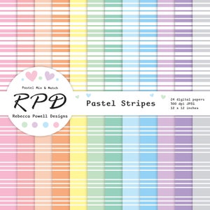 Horizontal Stripes Digital Paper Pack, Seamless Pattern, Pastel Colours, White, Scrapbook Pages, Digital Backgrounds, Commercial Use