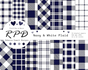 Navy Blue & White Seamless Buffalo Plaid Digital Paper Pack , Lumberjack Checks, Log Cabin, Scrapbooking, Backgrounds, Commercial Use