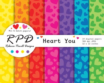80% OFF SALE Hearts Pattern Valentines Bright Rainbow Colours Digital Paper Set-Scrapbooking,Digital Backgrounds-Personal and Commercial Use