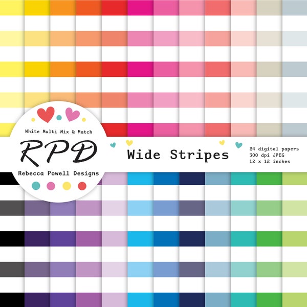 SALE Large Horizontal Stripes Digital Paper, Seamless Pattern, Multi Rainbow Colours, White, Scrapbook Pages, Backgrounds, Commercial Use