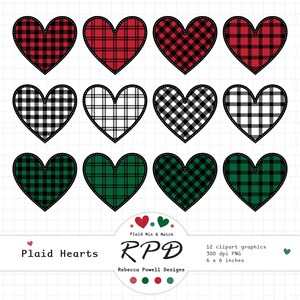 Buffalo Plaid Hearts Clipart Set: Red, Green, Black (PNG Digital Download)