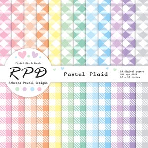 Könnte beinhalten: Ein Set mit 24 digitalen Papieren mit pastellfarbenen Karomustern in verschiedenen Farben, darunter Rosa, Orange, Gelb, Grün, Blau, Lila und Grau. Die Papiere haben eine Auflösung von 300 dpi und sind 30,5 x 30,5 cm groß.