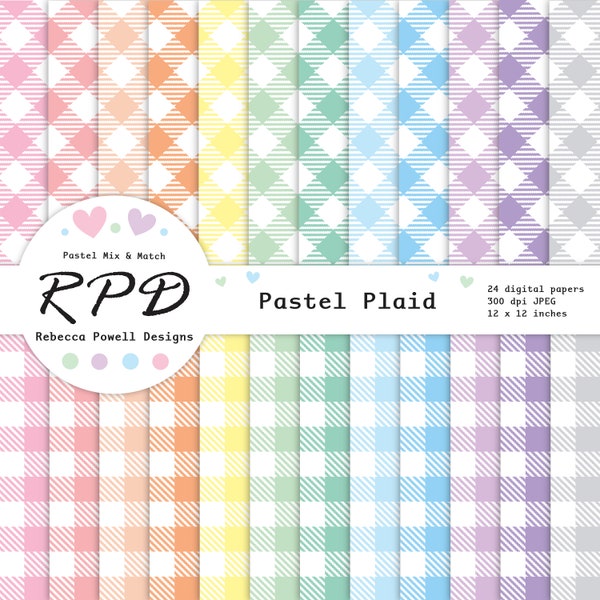 Buffalo Plaid Digital Paper Pack, Seamless, Gingham Checks, Pastel Colours, White, Scrapbook Pages, Digital Backgrounds, Commercial Use