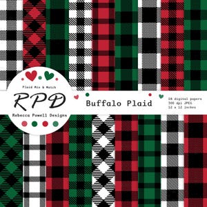 Buffalo geruit digitaal papierpakket: rood, groen, zwart, wit (directe download)