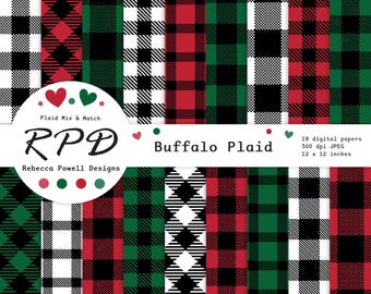Digitalt papperspaket med Buffalo Plaid: Röd, Grön, Svart, Vit (Direktnedladdning)