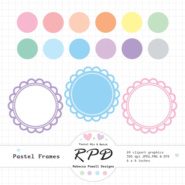 Circular Scalloped Frames Digital Clip Art Set, Vintage Style, Pastel Colours, Png Jpeg Eps Graphics, Scrapbooking, Commercial Use