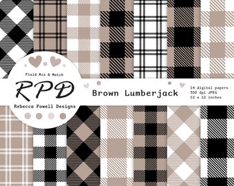 Brown Plaid Digital Paper Pack , Seamless, Black, White, Lumberjack, Log Cabin, Tartan, Checks, Scrapbooking, Backgrounds, Commercial Use