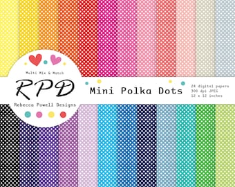 SALE Mini Polka Dots Digital Paper Set, Seamless Pattern, Rainbow Colours, White, Spots, Scrapbook Pages, Digital Background, Commercial Use