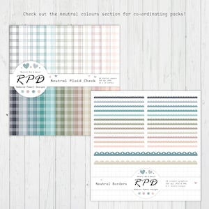 Image shows coordinating neutral colours products, plaid check digital paper pack and decorative scalloped borders clipart set.