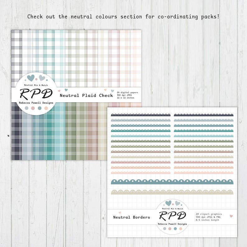Image shows coordinating neutral colours products, plaid check digital paper pack and decorative scalloped borders clipart set.