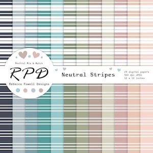 Paquet de papier numérique à rayures horizontales, Motif transparent, Couleurs neutres, Blanc, Pages de scrapbooking, Arrière-plans numériques, Usage commercial