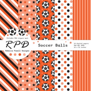 SALE Soccer Football Digital Paper, Seamless Pattern, PNG Clip Art Ball, Orange, Black, Scrapbook Pages, Digital Background, Commercial Use image 2