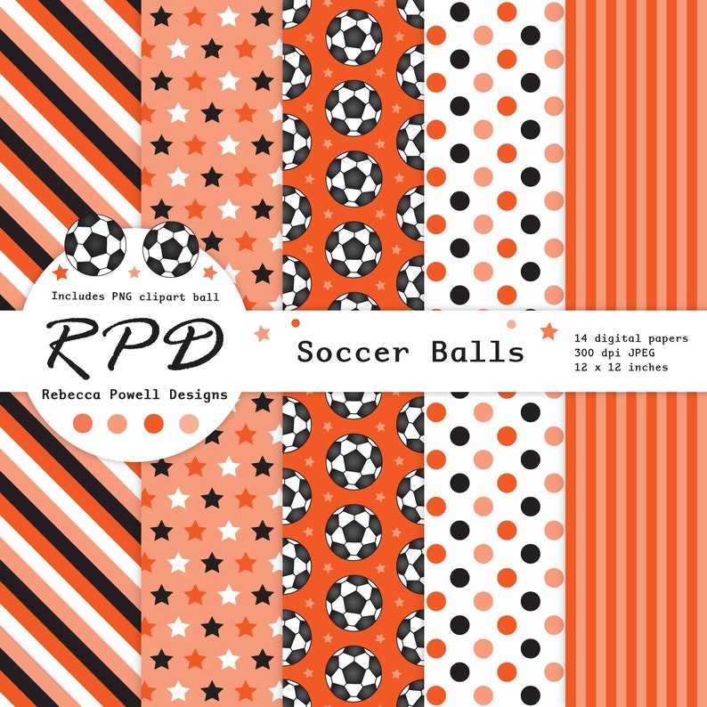 SALE Soccer Football Digital Paper, Seamless Pattern, PNG Clip Art Ball, Orange, Black, Scrapbook Pages, Digital Background, Commercial Use image 2