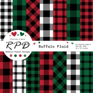 Pacote de papel digital Buffalo Plaid, sem costura, vermelho, verde, preto, branco, lenhador, cabana de madeira, álbum de recortes, planos de fundo, uso comercial