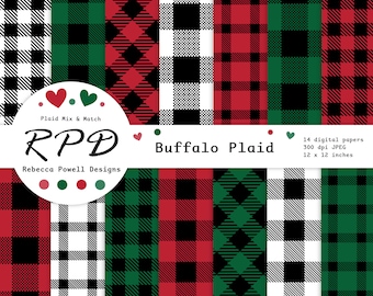 SALE Buffalo Plaid Digital Paper Set, Seamless, Red, Green, Black, White, Lumberjack, Log Cabin, Scrapbooking, Backgrounds, Commercial Use