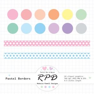 Ribbon Borders Digital Clip Art Set, Polka Dot Pattern, Pastel Colours, White, Png Jpeg Eps Graphics, Scrapbooking, Commercial Use