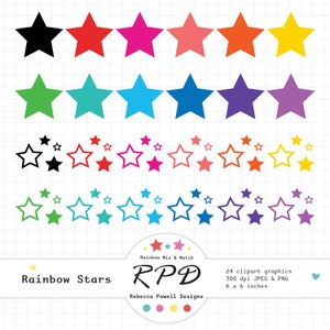 Ensemble d'étoiles numériques clipart, couleurs unies de l'arc-en-ciel, contours d'étoiles, png, jpeg, scrapbooking, images d'agenda, usage commercial