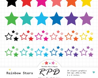 Stars Digital Clip Art Set, Solid Rainbow Colours, Star Outlines, Png, Jpeg, Scrapbooking, Planner Images, Commercial Use