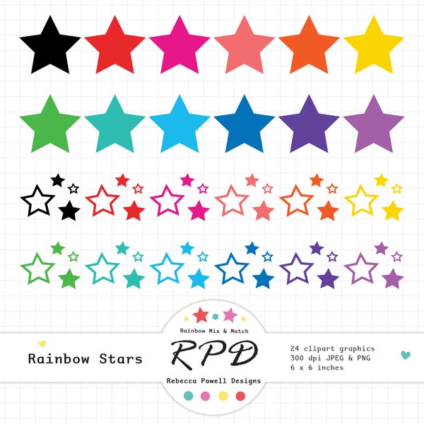 Stars Digital Clip Art Set, Solid Rainbow Colours, Star Outlines, Png, Jpeg, Scrapbooking, Planner Images, Commercial Use
