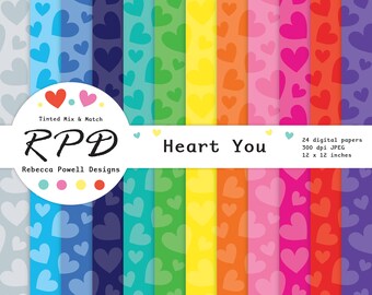 Love Hearts Digital Paper Pack, Seamless Pattern, Tinted Rainbow Colours, Scrapbook Pages, Digital Backgrounds, Commercial Use