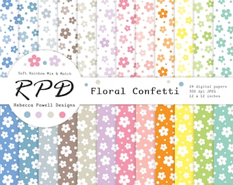 Pacchetto di carta digitale fiori, coriandoli floreali, modello senza soluzione di continuità, colori pastello dell'arcobaleno, bianco, pagine di album, sfondi, uso commerciale