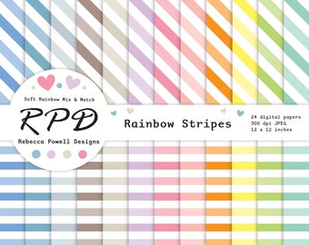 SALE Horizontal Diagonal Stripes Digital Paper, Seamless Pattern, Pastel Rainbow Colours, White, Scrapbook Pages, Backgrounds,Commercial Use