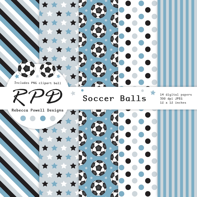 SALE Soccer Football Digital Paper, Seamless, PNG Clip Art Ball, Blue, Black & White, Scrapbook Pages, Digital Background, Commercial Use image 2