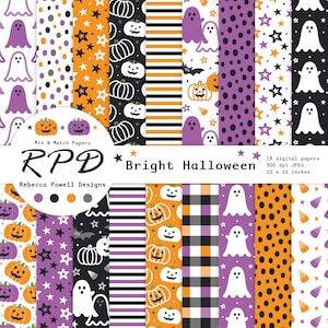 Op de afbeelding: Een collectie van 18 digitale papieren met Halloween-patronen waaronder spoken, pompoenen, sterren, strepen, ruiten en stippen in oranje, paars, zwart en wit. De tekst luidt Mix & Match Papers RPD Bright Halloween 300 dpi JPEG 30,48 x 30,48 cm.